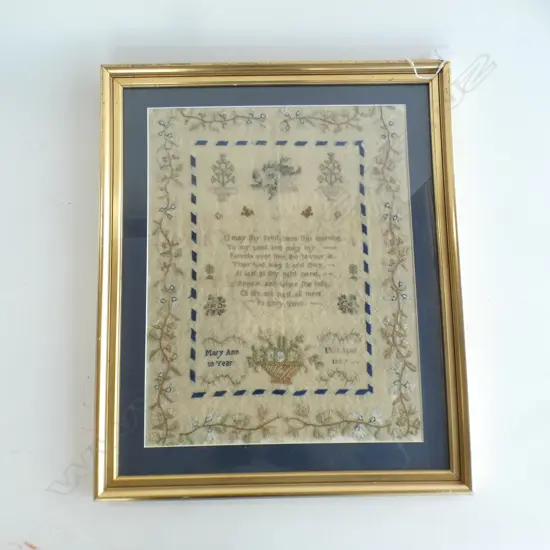 A framed antique sampler by Mary Ann Hart ,  aged 10, 1837.  320 x 410mm...